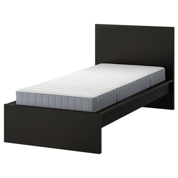 A black MALM bed with a high headboard and a grey mattress. Modern and minimalist design, ideal for small spaces.