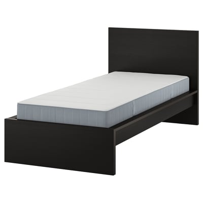 Black modern bed with high headboard, minimalist design, solid wood veneer.