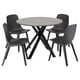 Grey round dining set with 4 black chairs, stone table, comfy design.
