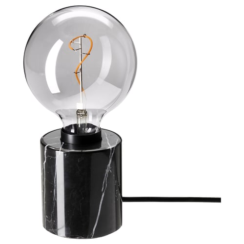 MARKFROST lamp: black marble base, smoked glass bulb with spiral filament.