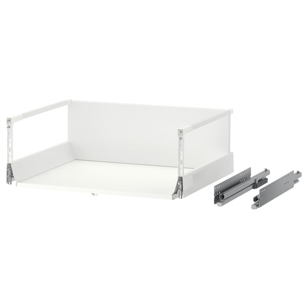 Fully extendable white drawer with slow-close, melamine bottom, steel runners.