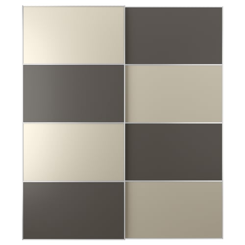 A set of beige and black sliding doors, featuring a modern design with a soft-close mechanism.