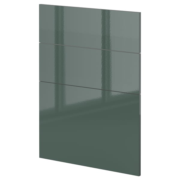 Modern high-gloss, grey-green kitchen cabinet panel with sleek design.