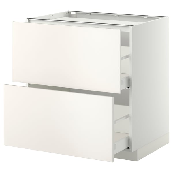 Ikea METOD white kitchen cabinet with two drawers, sleek design, stainless steel runners.