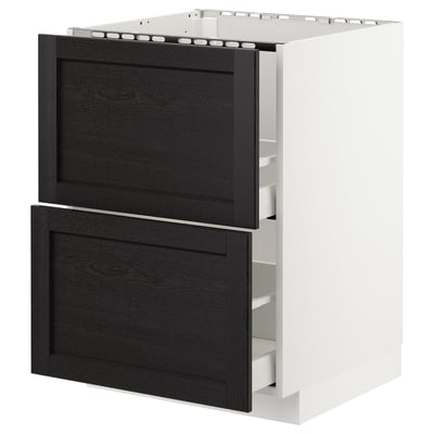 Depicts a modern kitchen cabinet named METOD, featuring a white and dark stained wooden drawer design with a traditional character.