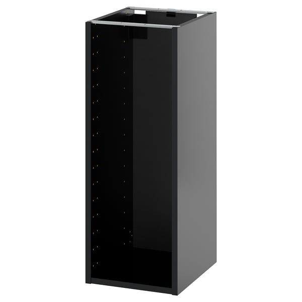 METOD tall, grey kitchen cabinet, open, with adjustable shelves.