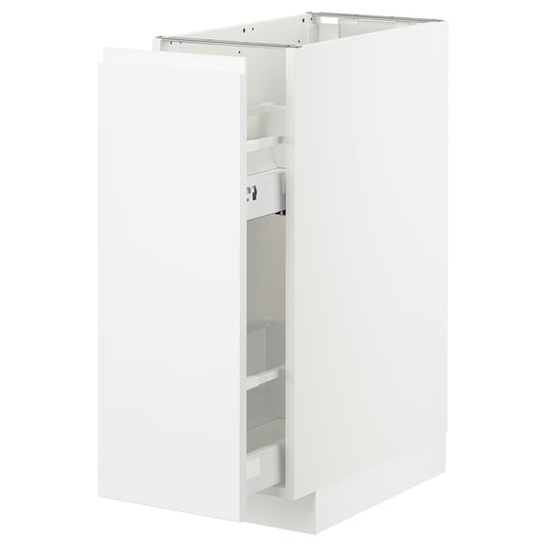 White METOD kitchen cabinet with integrated handles, glossy finish, square shape, and pull-out drawers.
