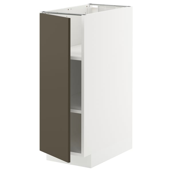 A white cabinet from the ikea METOD kitchen system with a dark brown door and adjustable shelves.
