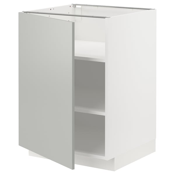 Modern white kitchen cabinet with grey shelves.