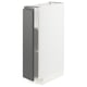 A modern, white METOD kitchen cabinet with a grey door, featuring integrated handles and adjustable shelves.