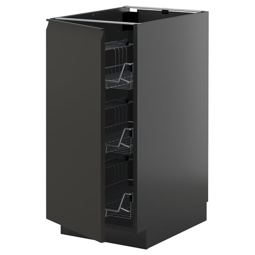 Black kitchen cabinet, modern design, with glossy doors and wire racks inside.