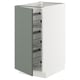 White METOD kitchen cabinet, grey-green door, wire shelves.