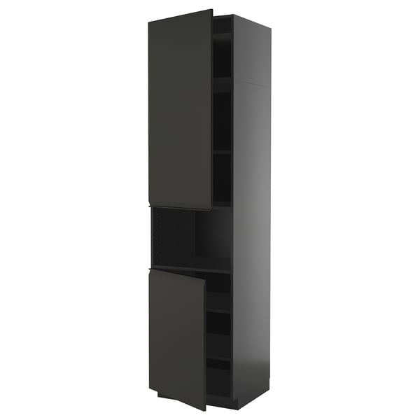 Black modern kitchen cabinet with sleek matte finish and minimalist handle, standing tall and rectangular.