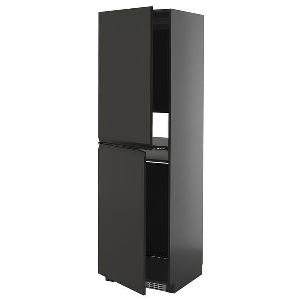Modern black kitchen cabinet set with sleek doors and integrated handles.