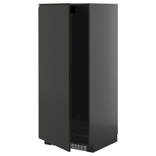 Modern black kitchen cabinet with sleek design and adjustable shelf.