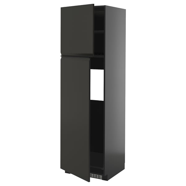 Black tall kitchen cabinet with two doors and adjustable shelves, sleek and modern design.