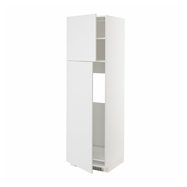 METOD white kitchen cabinet; modern, tall, two doors, adjustable shelves, durable fiberboard & acrylic paint.