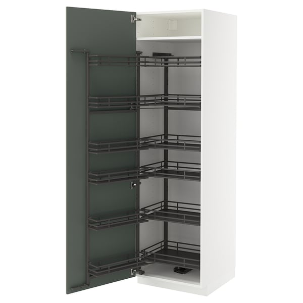 Modular kitchen cabinet, white with green-gray pull-out shelves.
