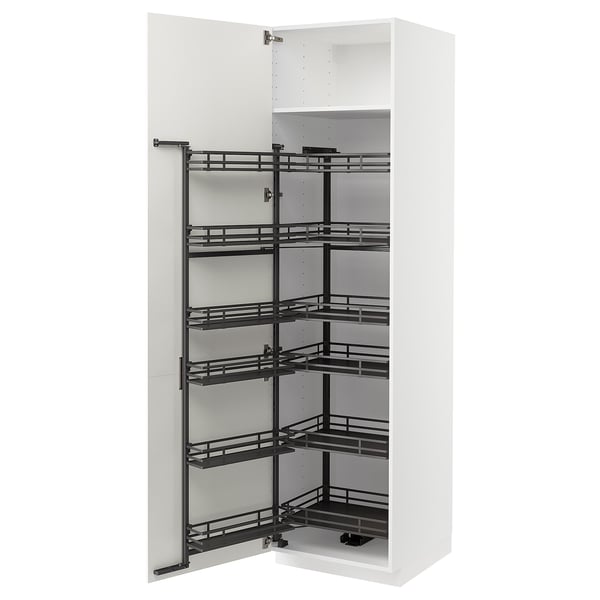 An open METOD kitchen cabinet with white doors and black pull-out shelves.