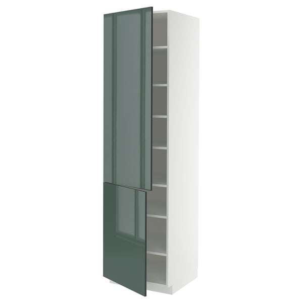 Modern METOD cabinet with high-gloss grey-green kallarp doors, white frame, adjustable shelves, rectangle shape.