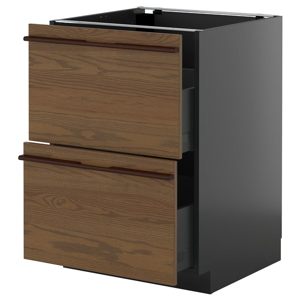 Ikeas METOD kitchen unit with dark brown ash drawers and black cabinet.