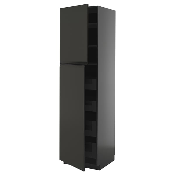 Black modern kitchen cabinet with multiple shelves, sleek design, and integrated handle.