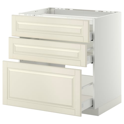 Off-white METOD kitchen cabinet with three large drawers and one small bottom drawer, featuring classic design with beveled edges.