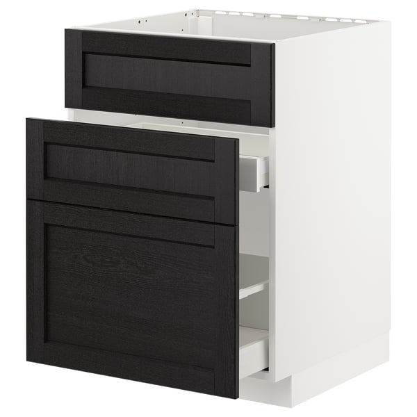 Modern kitchen cabinet, white frame, black wood drawers, 2 drawers, sleek design.