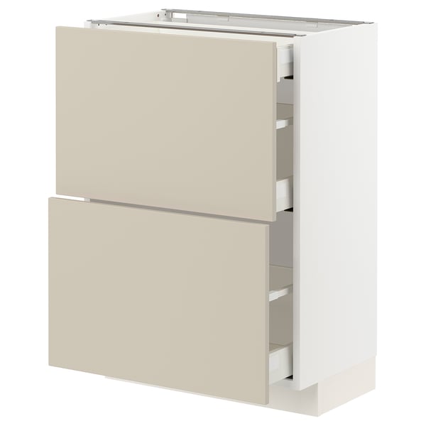 A METOD kitchen cabinet with beige havstorp fronts, featuring multiple drawers and a sleek, modern design.
