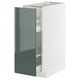 METOD kitchen cabinet in white with high-gloss grey-green door, open to show shelves.