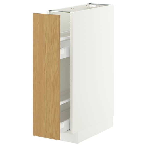 A white METOD cabinet with a light wood drawer partially open.