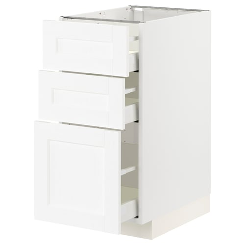 METOD white cabinet with pull-out drawers, classic wooden design.