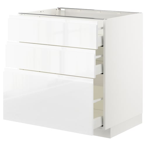METOD kitchen unit, glossy white, rectangular with multiple full-extension drawers.