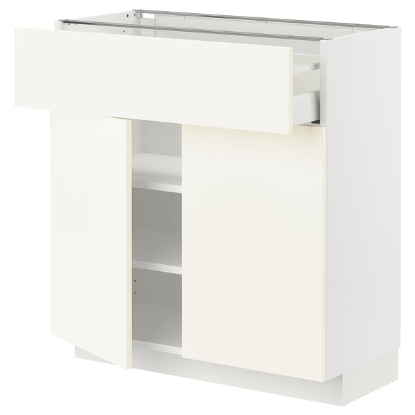 White METOD kitchen unit, rectangular with open shelf and drawer, adjustable shelves, sleek modern design.
