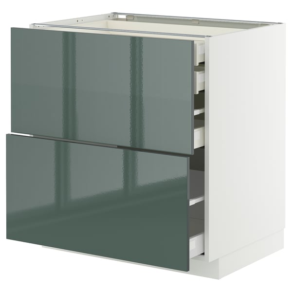 Modern kitchen unit in high-gloss grey-green with multiple drawers, sleek design.