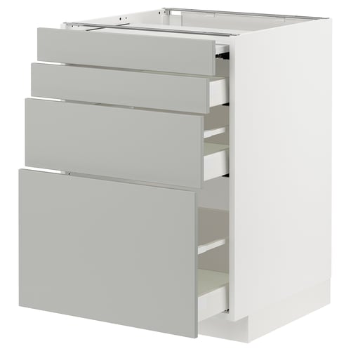 Modern white kitchen cabinet with grey drawers, sleek design, five pull-out drawers.