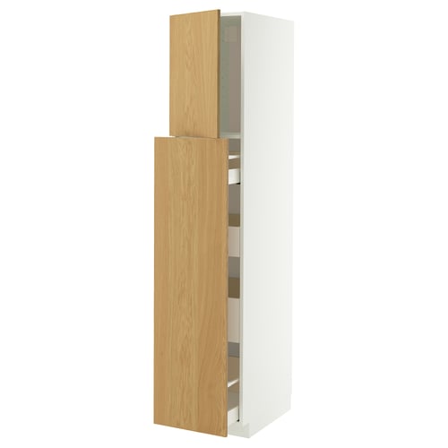 New METOD kitchen cabinet in white and light wood shade. Tall unit, wooden doors, pull-out shelves visible.