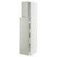 A tall, white METOD kitchen cabinet with light green doors, featuring a stacked design and visible shelves.