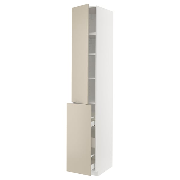 A beige METOD kitchen unit with a smooth, tall rectangular shape. It two doors and multiple shelves inside, offering organized storage.