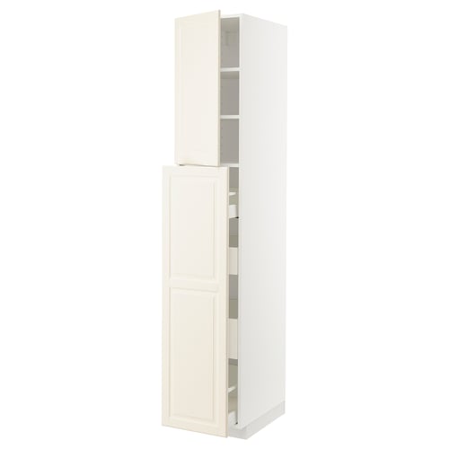 A tall, white ikea METOD kitchen cabinet with two doors, offering storage space. It has a modern, clean design with beveled edges.