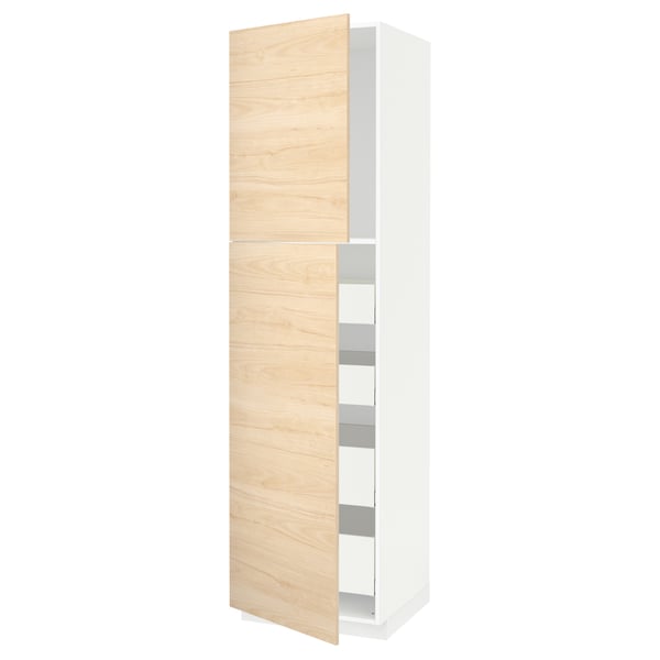 METOD kitchen cabinet in light ash wood with white interior, tall and rectangular, partial open view.