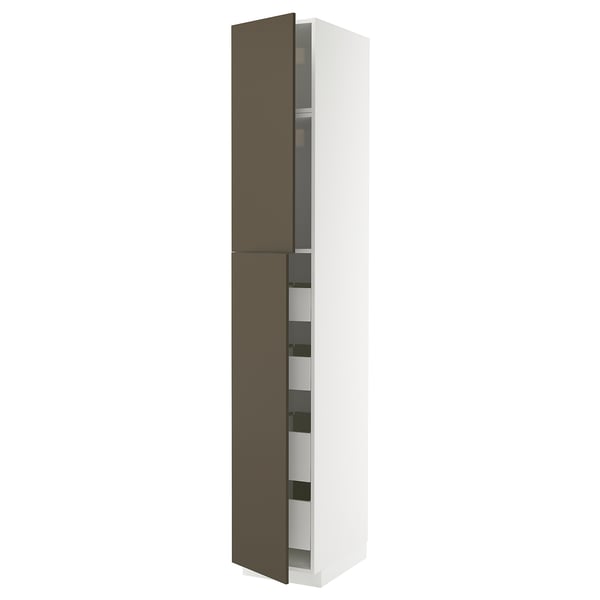 A tall white ikea METOD kitchen cabinet with dark brown doors and multiple shelves.
