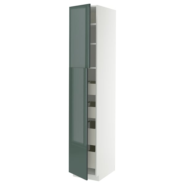 Teal METOD kitchen cabinet: tall, sleek, glossy teal with white interior, multiple shelves.