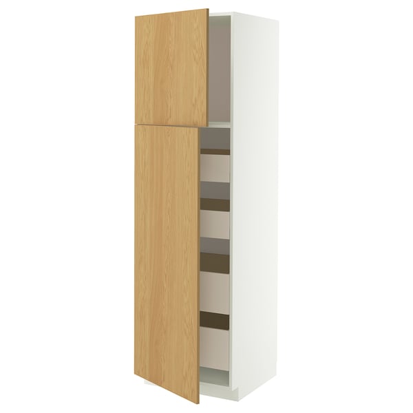 Depicts a white and light wooden kitchen cabinet with three shelves.