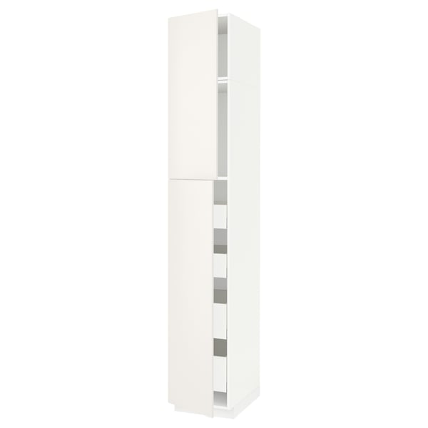 METOD kitchen unit, white, slim, rectangular, with smooth surfaces and multiple shelves.