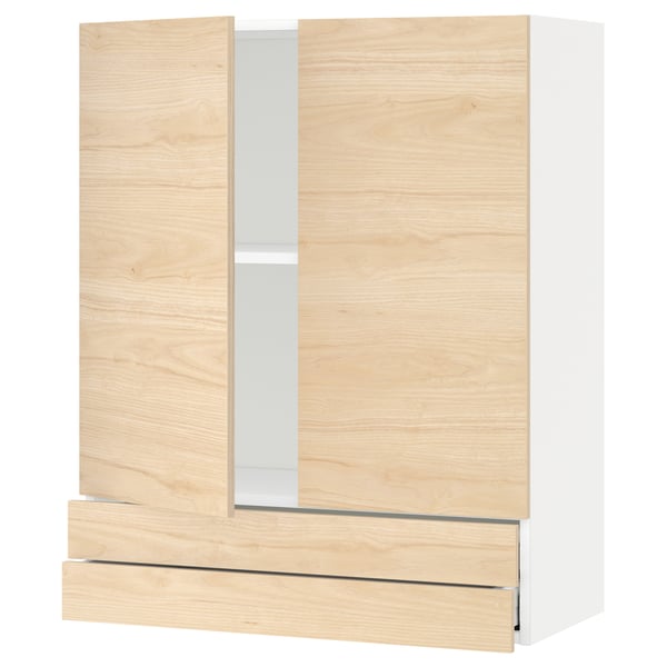 A light wood-colored kitchen cabinet with two doors and a drawer from ikeas METOD system.