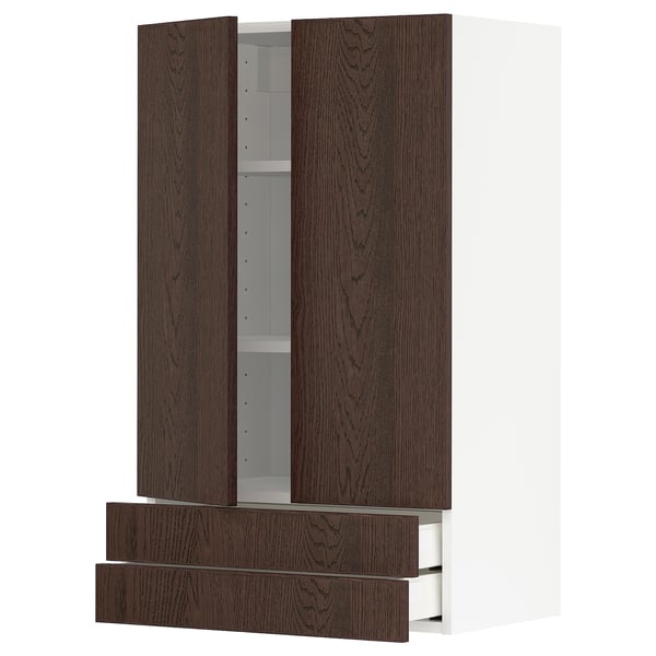 Dark brown METOD kitchen unit with oak veneer, featuring drawers and cabinets with sleek design.