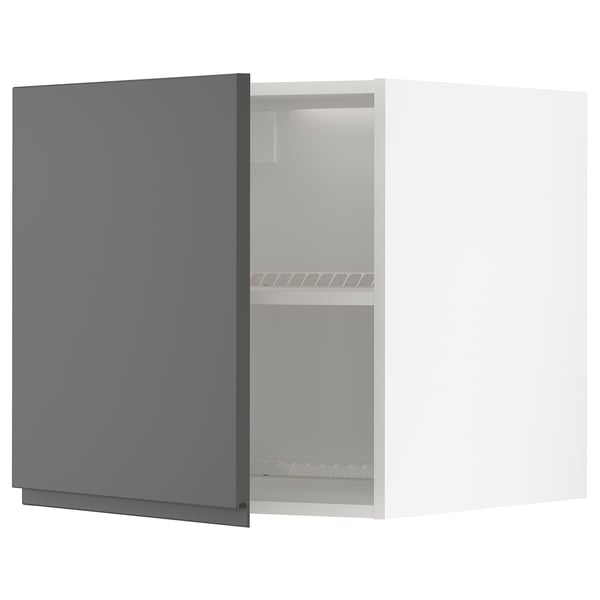 Gray kitchen cabinet METOD with dark grey voxtorp fronts and integrated handles, open showing interior shelves.