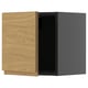 Wooden cabinet with grey box, open door, oak finish.
