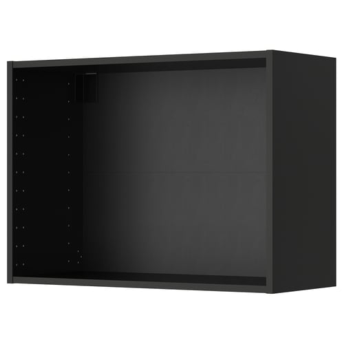 A black METOD wall cabinet from IKEA. Its rectangular with open space inside and pre-drilled shelf holes.